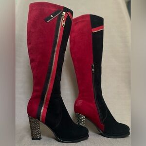 Vintage Italian Suede Knee-High Boots Red & Black Embossed Heel US 7.5/ EU 38